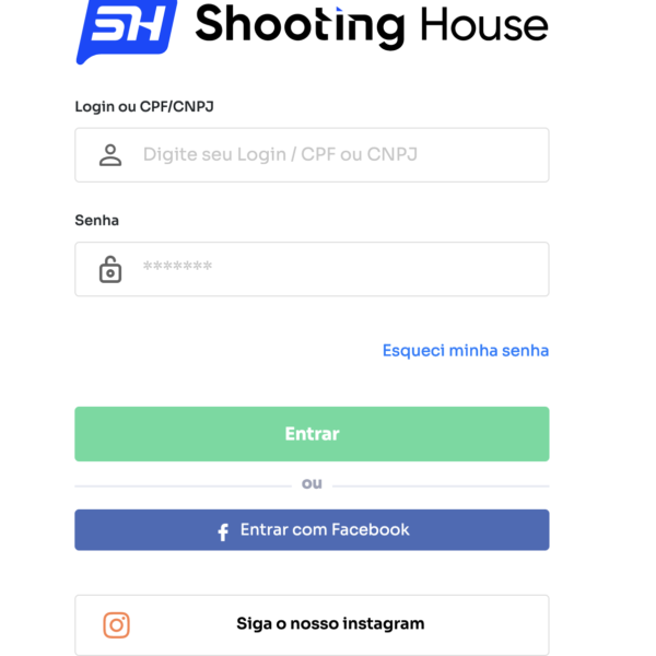 Página de autenticação do sistema Shooting House, clique em Esqueci minha senha para definir uma nova senha.